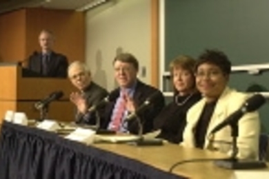 Participants at the March 13 press conference announcing the Army's selection  of MIT for a $50 million Institute for Soldier Nanotechnologies included (left  to right) Provost Robert Brown, at podium; Dean of Engineering Thomas Magnanti;  Professor Edwin Thomas of materials science and engineering; Vice President for  Research and Associate Provost Alice Gast; and Professor Paula Hammonds of mate...