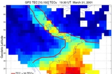 Analysis of GPS navigation signals monitored at over 120 sites provides a snapshot of ionoshperic total electron content (TEC) over North America during a major geomagnetic disturbance. A large-scale plume of storm enhanced density spans the continent from a source region in the eastern U.S. The bold red outlines the low-altitude footprint of the TEC plume.