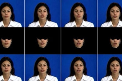 This image illustrates how MIT researchers artificially animate a human face. The top row is a real background sequence of Mary 101 recorded by the researchers. The middle row is an animation of the synthetic mouth generated in the lab. The bottom row shows the synthetic mouth animation superimposed on the background sequence.