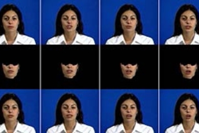 This image illustrates how MIT researchers artificially animate a human face. The top row is a real background sequence of Mary 101 recorded by the researchers. The middle row is an animation of the synthetic mouth generated in the lab. The bottom row shows the synthetic mouth animation superimposed on the background sequence.