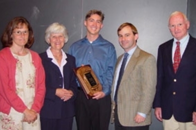 The family of Charles "Harrison" Smith III attended the recent award ceremony where an award in his memory was made to David Stagney. Left to right: Smith's sister, Sandy Story; his mother, Sandra Smith; Stagney; Rob Mosher, one of the award's founders; and Smith's father, Charles Smith.