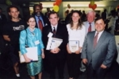 Celebrating the 10th annual Cambridge First Day were (left to right) Joel        Glenn Wixson, director of emergency services for CASPAR Inc.; Katya Fels, executive director of On the Rise Inc.; MIT Chancellor Phillip Clay; Joe Finn, executive director of Shelter Inc.; Darlene Meehan, youth services director of the Salvation Army's "Our Place" child care        center; Cambridge City Manager Rober...