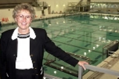Candace Royer at the swimming pool in the soon-to-open Zesiger Sports and Fitness Center.