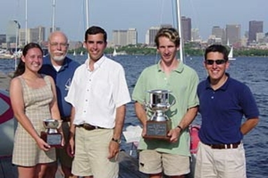 Left to right: Cristina Roussel, Thomas Spettel, Josh Migliazzo, Alex Mevay and Claudio Brasca with the trophies they won in the Corinthian 200 Race and the College Cup.