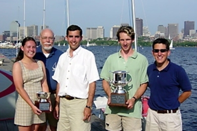 Left to right: Cristina Roussel, Thomas Spettel, Josh Migliazzo, Alex Mevay and Claudio Brasca with the trophies they won in the Corinthian 200 College Cup and the Beringer Bowl.