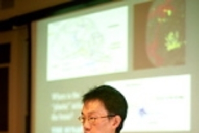 Morgan Sheng, Menicon Professor of Neuroscience, makes his presentation for "Brainwork: Knowing What We See and Changing What We Know."