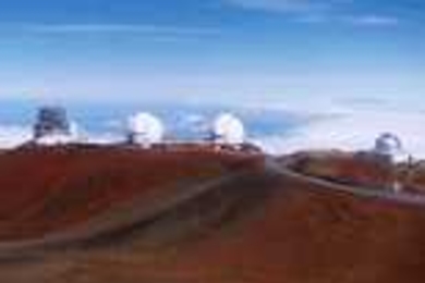 Mauna Kea Observatory: (Left to right): Subaru Telescope, twin domes of the Keck Telescopes, and the NASA Infrared Telescope Facility, which was used by Jim Elliot and Kelly Clancy during the occultation.