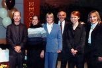 The ADDStrat team from the Alumni Association, Resource Development and the Treasurer's Office won an MIT Excellence Award in the category of "Building Bridges." Team members are (left to right) Mark Jacobs, Bonny Kellermann, Rose McGrath, Joseph Recchio, Helen Rose and Shelley Brown.