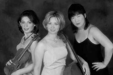 Members of the Boston Trio are (left to right) Irina Muresanu on violin, Allison Eldredge on cello and Heng-Jin Park Ellsworth on piano.