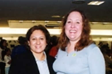 Miriam Hibbard, science teacher at the Rafael Hernandez School, and Jemima Talbot, science teacher at the Umana-Barnes Middle School, pose at the Stratton Student Center last weekend.