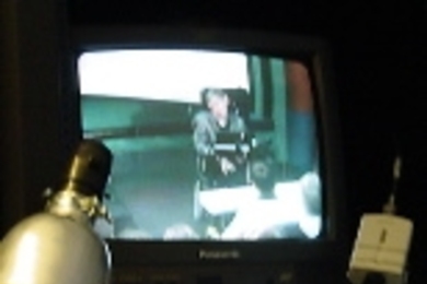 The view of Stephen Hawking on a monitor at MIT.