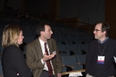 At CSBi's first annual conference, participants from a variety of fields talked about MIT's approach to systems biology, the latest way to understand and predict the behavior of complex organisms. From left, Angela Belcher, associate professor of materials science and engineering; Bruce Tidor, associate professor of bioengineering and computer science; and Peter Sorger, associate professor of biol...
