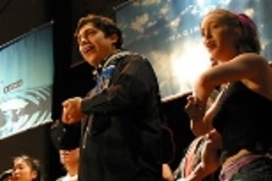 Freshman Alexander Del Nido and junior Emily Vincent perform a special bonus presentation of the "Engineers' Drinking Song" at the March 1 quarter-final competition.