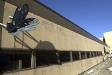 This butterfly on the soon-to-be-demolished Building 45 has been removed and will be reinstalled on Building 44.