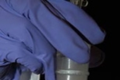 Material (above) created in Paula Hammonds' MIT lab by graduate students LaShanda James-Korley and Greg Pollock (below) will be spun into a spiderweb-like substance.