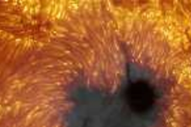 Elizabeth Goldring's retina prints, on view at the Groton School's Brodigan Gallery, range from sites anyone can visit, such as New York City's Guggenheim Museum (below) to one of a sunspot from NASA's library of enhanced photographs (above).