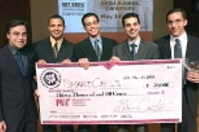 SmartCells team, left to right: John Hebert, Sloan School graduate student; Martin Curiel, Harvard Business School (HBS) student; Todd Zion, MIT doctoral student in chemical engineering; Tsafrir Vanounou, HBS student; and Robert Bruch, a graduate student at Sloan.