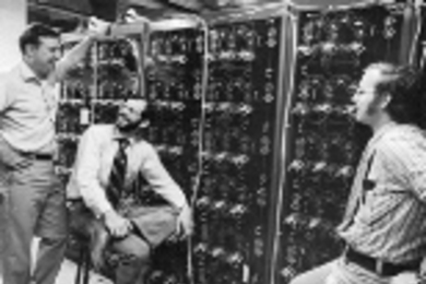 The MIT-EPSEL model power system, also known as the Transmission System Simulator, was used to study power-system dynamics and control. Left to right: professors Gerald Wilson, John Kassakian and James Kirtley, circa 1968.