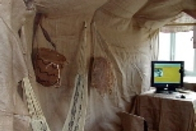 Interior of an exhibit on indigenous peoples of the Amazon rainforest, designed and built by Terrascope students.
