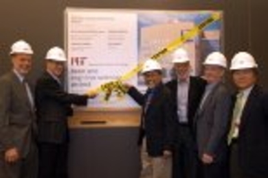 The ribbon cutters at the "virtual" groundbreaking for the new brain and cognitive sciences facilities were (left to right) Phillip A. Sharp, director of the McGovern Institute for Brain Research; President Charles M. Vest; Mriganka Sur, head of the department of brain and cognitive sciences; Robert Silbey, dean of the School of Science; Provost Robert Brown; and Susumu Tonegawa, director of the P...