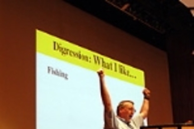 Edwin L. Thomas (above), professor of materials science and director of the Institute for Soldier Nanotechnology, interspersed a little personal with the academic and professional in his talk, and won over the audience of incoming freshmen (below) in the process.