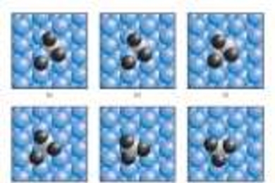 Based on quantum mechanical calculations, MIT researchers have developed this series of pictures showing how sulfur dioxide on a platinum catalyst converts to sulfur trioxide--a compound that poisons advanced catalytic converters for new fuel-efficient engines. Platinum atoms of the catalyst's surface appear as blue spheres, oxygen atoms are black and the sulfur atom is white. In successive pictur...
