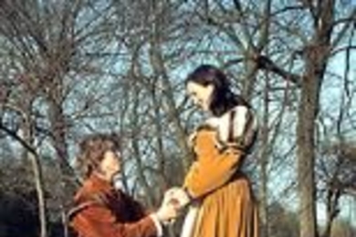 Lysander (George Corbett) and Hermia (Laura Wood) share a tender moment in Cambridge University's production of "A Midsummer Night's Dream."