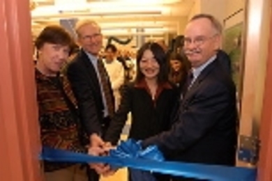 Celebrating the opening of the Electrochemical Energy Laboratory on Dec. 15 were (left to right) Assistant Dean of Engineering Donna Savicki, Professor John Heywood, Assistant Professor Yang Shao-Horn and Provost Robert A. Brown.