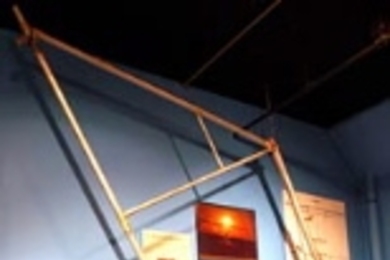 The MIT Museum's exhibit on the history of flight includes a display on Daedalus, a pedal-powered plane built by MIT students in the mid-1980s for a flight from Crete to Santorini.