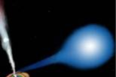 An artist rendition of SS 433. Gas from the companion flows to the black hole, forming an accretion disk, heating as it spirals inward. Through a process probably involving magnetic fields, some of the inflowing material is launched into a jet at a speed of 175 million miles per hour (26% of the speed of light). The jet gas then cools from 100 million degrees to 10 million degrees as it expands an...