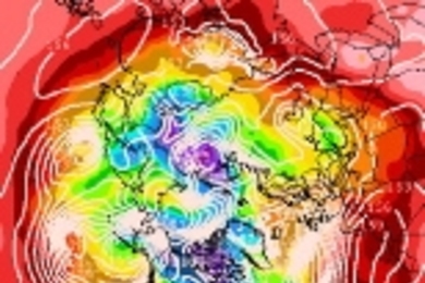 This image from Jan. 10 shows the observed temperature (violet is the coldest) and storm circulation (white lines) in the lower troposphere. At this time of year, the coldest air is normally a solid block close to the North Pole, but last Saturday, the cold pool was split into two pieces by warmer air over Alaska with the coldest air displaced southward.
