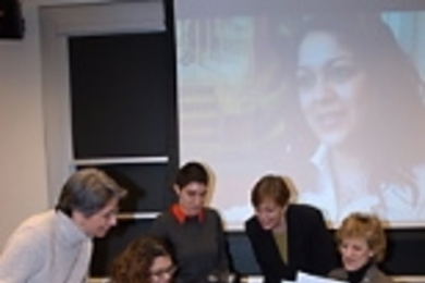 Members of the Latina Oral History Project meet to talk over stories and view photos and videos. Left to right: Margarita Ribas Groeger, director of Spanish language in the foreign languages and literatures section (FLL); Cynthia Conti (S.M. 2001); Jazlyn Carvajal, a senior in civil and environmental engineering; Nancy Lowe, administrive officer for FLL; and Professor Isabelle de Courtivron of FLL...