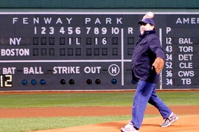 MIT professor Ronald Rivest throws out the ceremonial first pitch at Fenway Park on April 16.