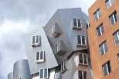 Architect Frank Gehry (above) in front of his latest design--MIT's Stata Center, named for alumnus Ray Stata and his wife Maria Stata.