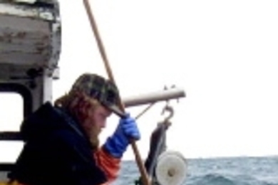 Maine fisherman Mattie Thompson field-tests Clifford Goudey's whale-free buoy on his boat F/V Shearwater.