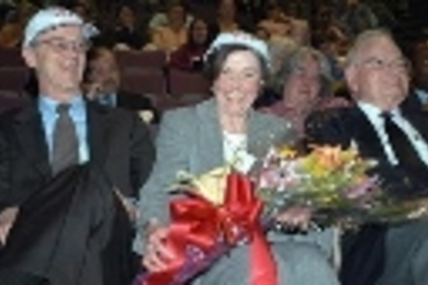 At the Institute Awards Convocation, President Charles M. Vest and Mrs. Rebecca Vest received a surprise tribute from student leaders. At right is Professor Paul Gray, president of the Institute from 1980-90.