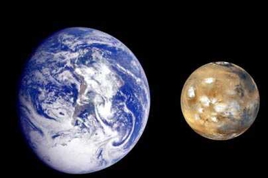 Composite image of Earth and Mars, from photographs taken by the Galileo orbiter and the Mars Global Surveyor.