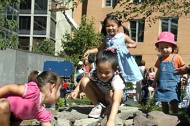 The waterfall made a big splash with youngsters at the grand opening of the newest Technology Children's Center at MIT.