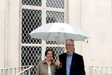 'At least there'll be three of us,' MIT President Charles Vest quipped to a photographer as he and his wife Rebecca left Gray House during a steady drizzle to attend the Sept. 18, 2004 community celebration in their honor at the Stata Center. In fact... <a onclick="MM_openBrWindow('1-vestparty-enlarged.html','','width=509, height=583')">
<span onmouseover="this.className='cursorChange';">Open imag...