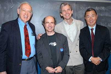 Portrait of four MIT Nobel laureates in physics. From left, Jerome Friedman (1990), Frank Wilczek (2004), Wolfgang Ketterle (2001) and Samuel Ting (1976).