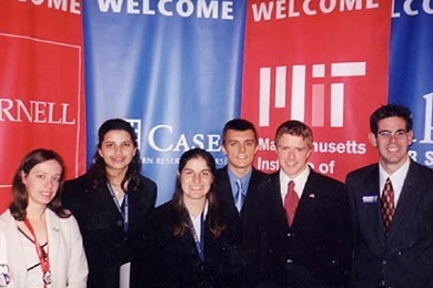 Six MIT students who participated in a student debate at Case Western Reserve. From left: Gillian Harding, Lakshmi Nambiar, Rebecca Lessem, Chris Suarez, Ken Nesmith and John Velasco