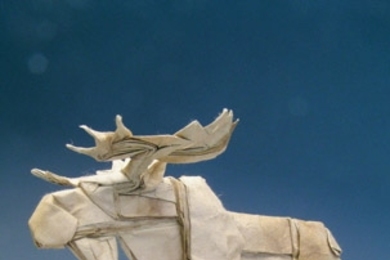 The six-inch tall 'Bull Moose, Opus 413' by Robert Lang is one uncut square of Japanese lokta paper.