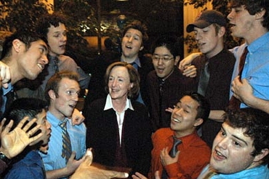 MIT president Susan Hockfield is serenaded by MIT's a cappella group the Logarhythms on her first day on the job.