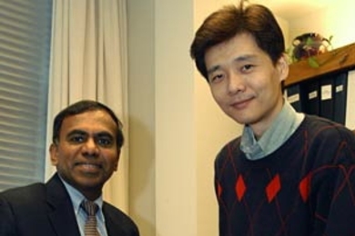 Work by materials science experts -- MIT professor Subra Suresh, left, and research scientist Ming Dao -- is aiding in the search for cures for malaria and pancreatic cancer.