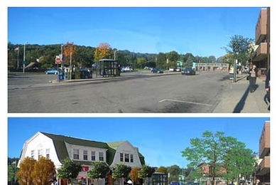 A municipal parking lot in Waverley Square, Belmont, today (top), and if the MIT student proposal is enacted (bottom).