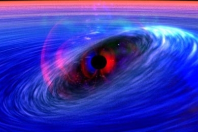 Astronomers have discovered evidence for physics beyond Einstein's general relativity. This artist's conception shows a galactic black hole being orbited by a ripple in spacetime--a distortion in the fabric of space itself.