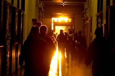 This photo, taken a few days before MIThenge during the autumn of 2004, shows the sunlight passing through the Infinite Corridor.