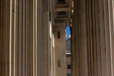 IAP was largely a snowy affair this year, as shown by the snow piles around the columns on the porch off Lobby 10.