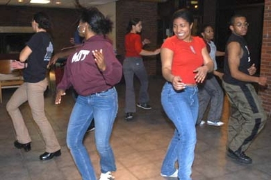 Students rehearse a step dance in preparation for Saturday's African and African-American culture performance. Dancers are (left to right) junior Silvia Baptista, freshmen Yamilee Toussaint and Ashley Vaughn, sophomore Tracey Ragsdale, junior Teri Ijeoma and freshman Douglas Slaughter.