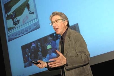 Robert A. Muh Alumni Award winner Ned Block gives his talk, 'What Is Consciousness in the Brain?' at Bartos Theater on Wednesday, March 2. Block, who received his S.B. degree in physics and humanities in 1964, received the prestigious award for noteworthy achievements in the humanities, arts and social sciences. Now a professor at New York University, Block taught philosophy at MIT for 25 years.
